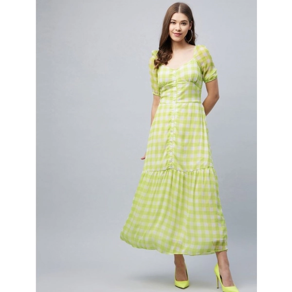 Dropship Women's Polyester-Cotton Blend Checkered Square Neck Half Sleeve Dress (Lime Green)
