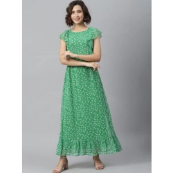 Women's Polyester Floral Round Neck Short Sleeve Dress (Green)