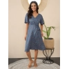 Dropship Women's Polyester Moss Polka V-Neck Bell Sleeve Dress (Grey)