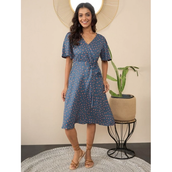 Dropship Women's Polyester Moss Polka V-Neck Bell Sleeve Dress (Grey)