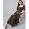 Dropship Women's Polyester Moss Floral Square Neck Half Sleeve Dress (Black)