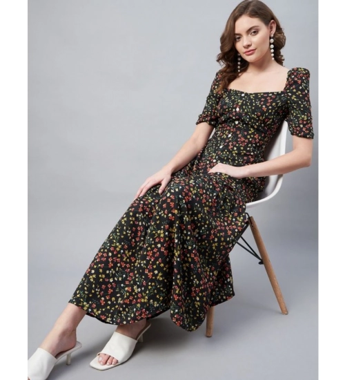 Women's Polyester Moss Floral Square Neck Half Sleeve Dress (Black) Women's Polyester Moss Floral Square Neck Half Sleeve Dress (Black)
