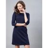 Dropship Women's Polyester Jacquard Self Design Round Neck 3/4th Sleeves Dress (Navy)