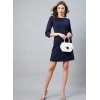 Dropship Women's Polyester Jacquard Self Design Round Neck 3/4th Sleeves Dress (Navy)