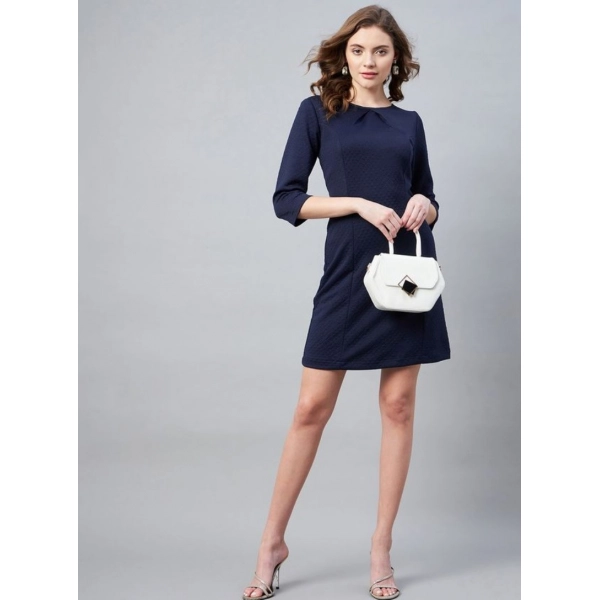 Dropship Women's Polyester Jacquard Self Design Round Neck 3/4th Sleeves Dress (Navy)