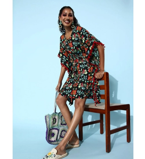 Women's Polyester Moss Printed Round Neck Kaftan Sleeve Dress (Multicolor)