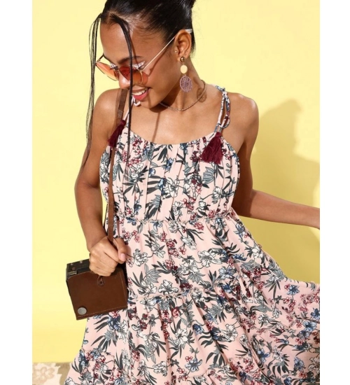 Women's Georgette Floral Square Neck Sleeveless Dress (Peach)