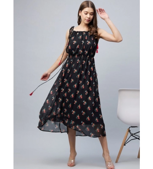 Women's Chiffon Floral Square Neck Sleeveless Dress (Black)