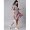 Dropship Women's Polyester Moss Floral Round Neck Flutter Dress (Grey-Red)