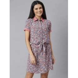 Women's Polyester Moss Floral Collar Neck Short Sleeve Dress (Grey-Red)