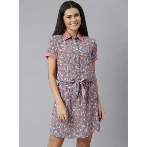 Generic Women's Polyester Moss Floral Collar Neck Short Sleeve Dress (Grey-Red)