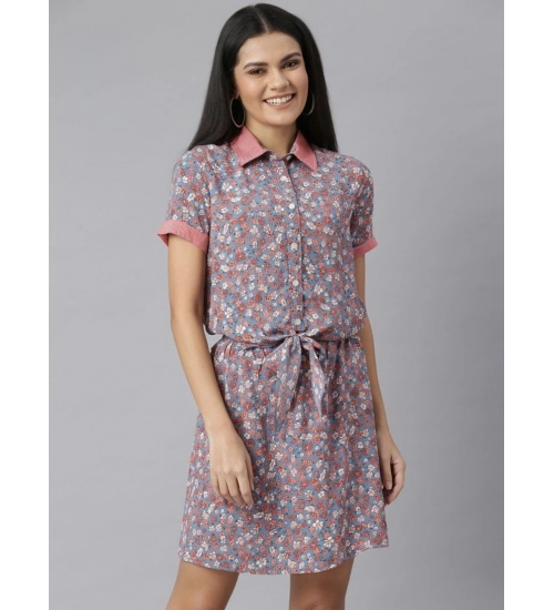 Women's Polyester Moss Floral Collar Neck Short Sleeve Dress (Grey-Red)