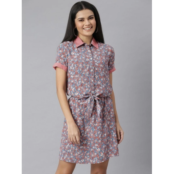 Dropship Women's Polyester Moss Floral Collar Neck Short Sleeve Dress (Grey-Red)