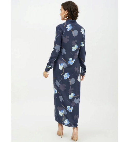 Women's Rayon Floral Collar Neck Long Sleeves Dress (Blue)
