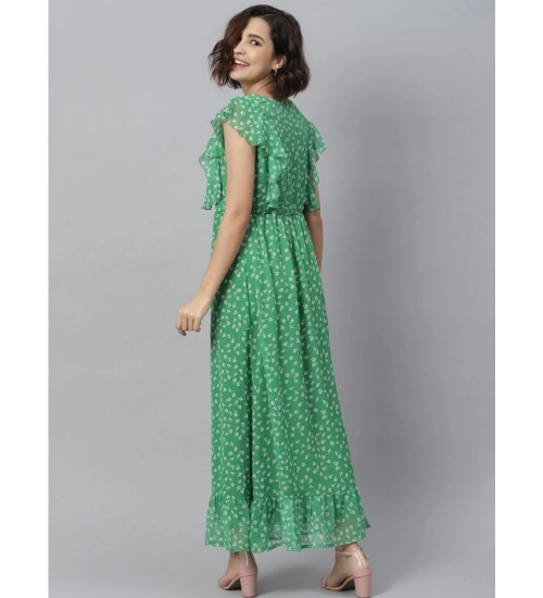 Women's Polyester Floral Round Neck Short Sleeve Dress (Green)