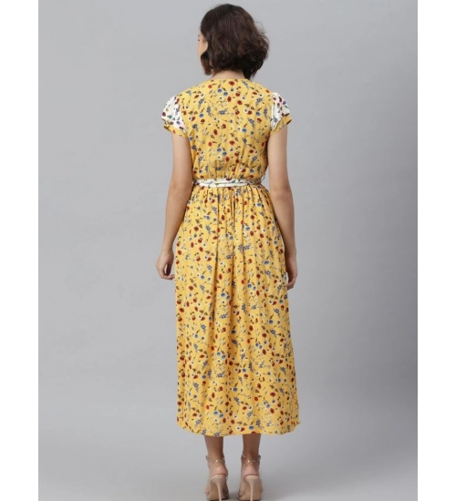 Women's Polyester Floral V-Neck Short Sleeve Dress (Yellow-White)
