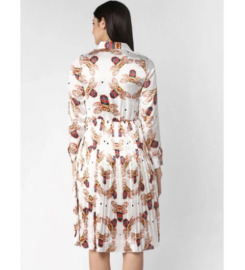 Women's Polyester Pleated Collar Neck Long Sleeves Dress (White)