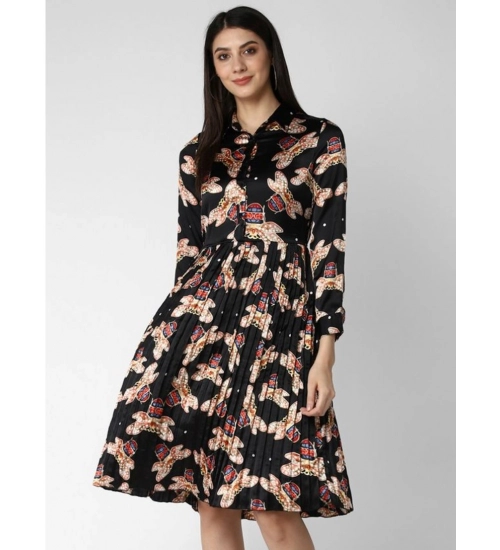 Women's Polyester Pleated Collar Neck Long Sleeves Dress (Black)