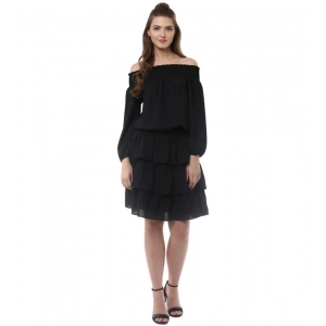 Generic Women's Polyester Moss Solid Off-Shoulder Long Sleeves Dress (Black)