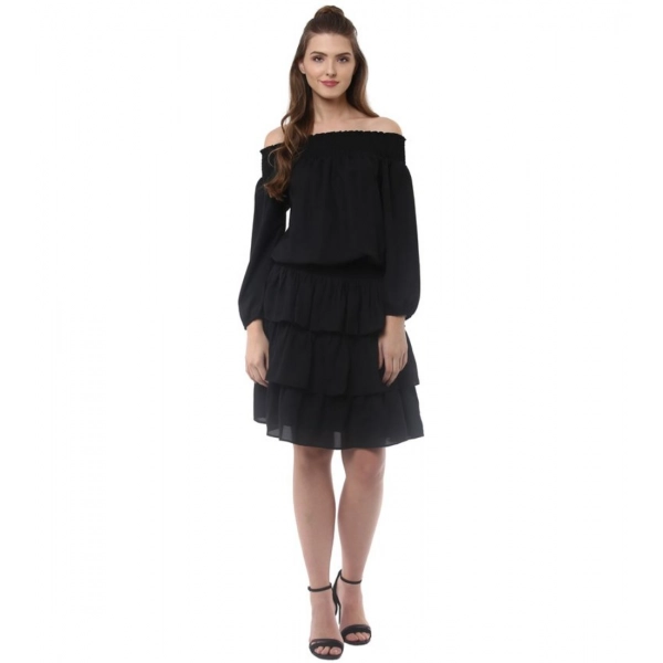 Dropship Women's Polyester Moss Solid Off-Shoulder Long Sleeves Dress (Black)