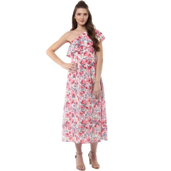Dropship Women's Polyester Crepe Floral One Shoulder One Shoulder Dress (Multicolor)