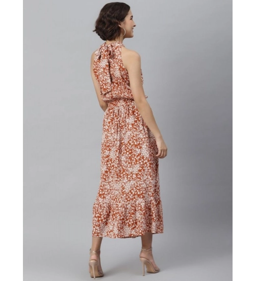 Women's Polyester Printed Halter Neck Sleeveless Dress (Rust)