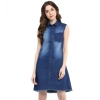 Dropship Women's Denim Solid Collar Neck Sleeveless Dress (Blue)