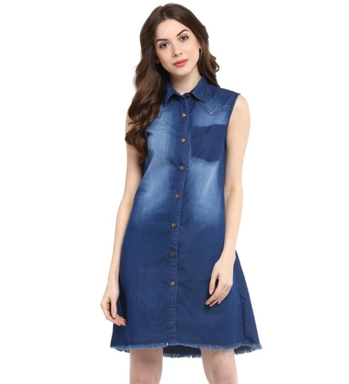Women's Denim Solid Collar Neck Sleeveless Dress (Blue)