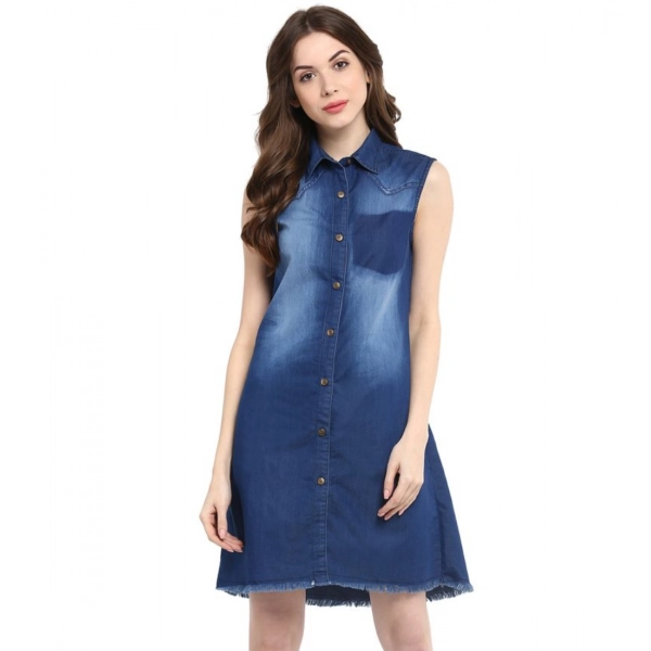 Dropship Women's Denim Solid Collar Neck Sleeveless Dress (Blue)