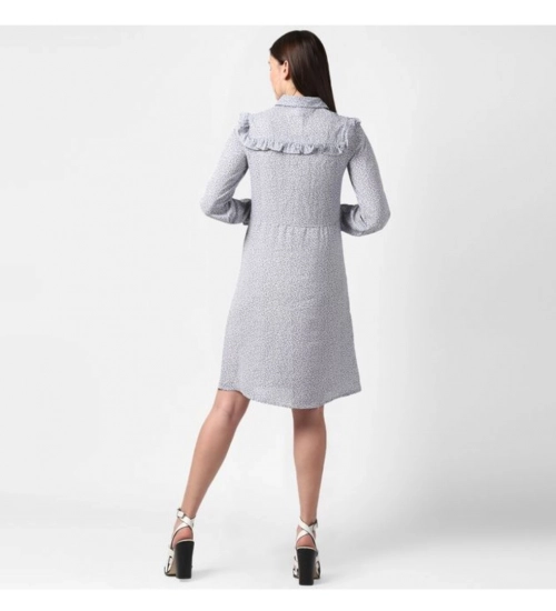 Women's Polyester Floral Collar Neck Long Sleeves Dress (Blue)