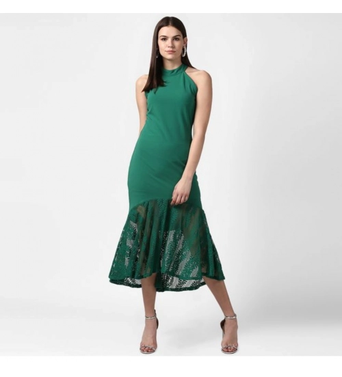 Women's Polyester Asymmetrical Close Neck Sleeveless Dress (Green)