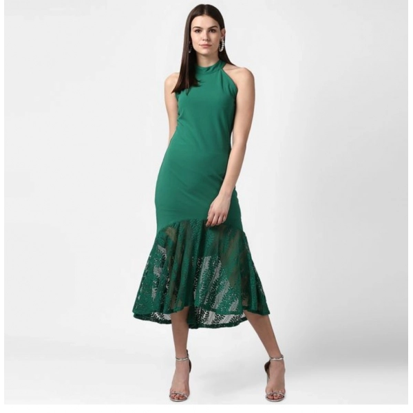 Dropship Women's Polyester Asymmetrical Close Neck Sleeveless Dress (Green)