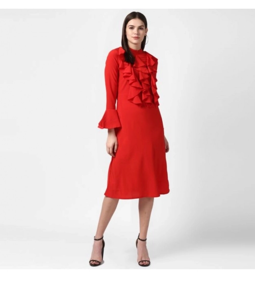 Women's Polyester Ruffled Close Neck Long Sleeves Dress (Red)