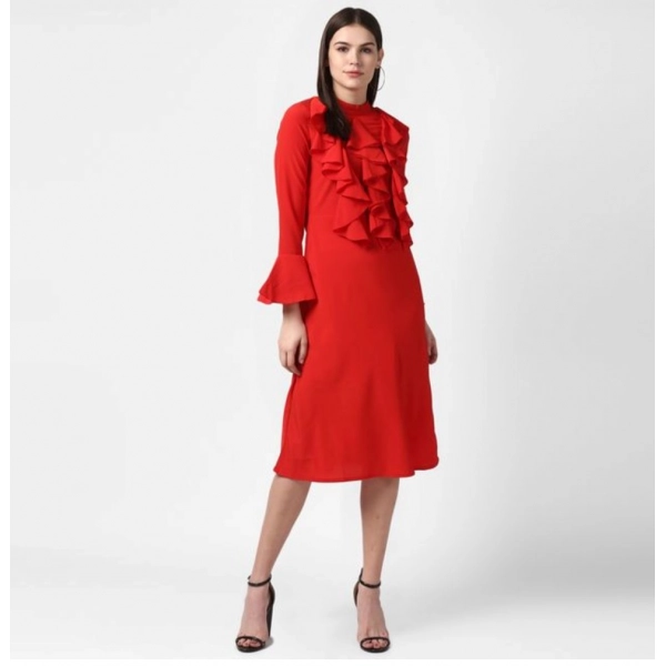 Dropship Women's Polyester Ruffled Close Neck Long Sleeves Dress (Red)