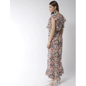 Generic Women's Polyester Floral Round Neck Flutter Dress (Multicolor)