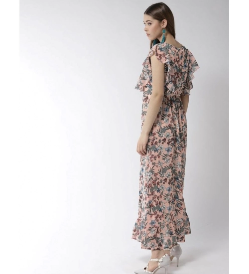 Women's Polyester Floral Round Neck Flutter Dress (Multicolor)
