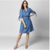 Dropship Women's Denim Solid V-Neck Tie Ups Dress (Blue)