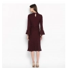 Dropship Women's Polyester Ruffled Close Neck Bell Sleeve Dress (Maroon)