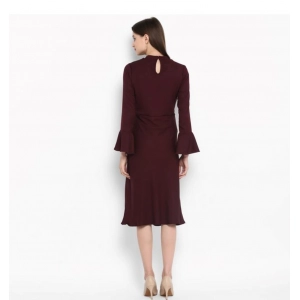 Generic Women's Polyester Ruffled Close Neck Bell Sleeve Dress (Maroon)