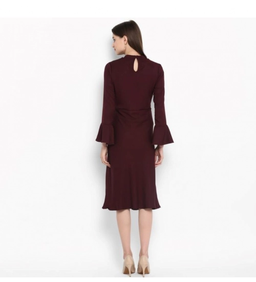 Women's Polyester Ruffled Close Neck Bell Sleeve Dress (Maroon)