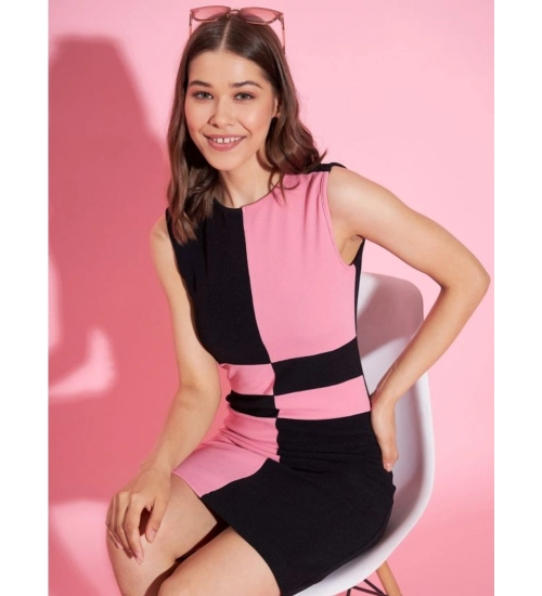 Women's Polyester Lycra Color Blocking Round Neck Sleeveless Dress (Pink-Black)