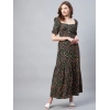 Dropship Women's Polyester Moss Floral Square Neck Half Sleeve Dress (Black)