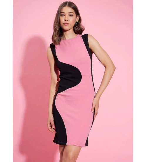 Women's Polyester Lycra Color Blocking Round Neck Sleeveless Dress (Pink-Black)