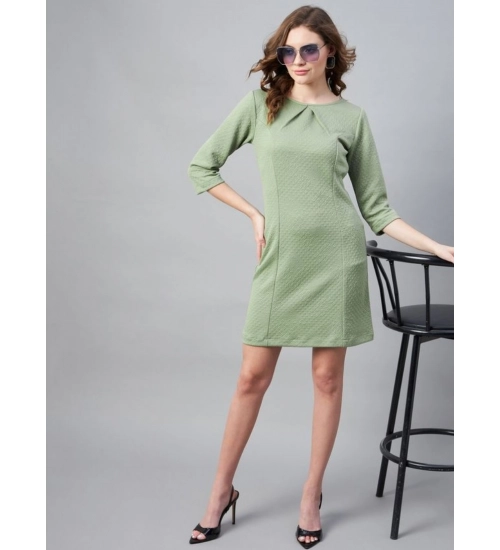 Women's Polyester Jacquard Self Design Round Neck 3/4th Sleeves Dress (Olive)