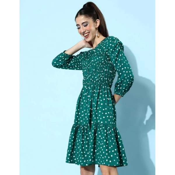 Dropship Women's Polyester Moss Polka Round Neck 3/4th Sleeves Dress (Green)