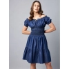 Dropship Women's Denim Solid Off-Shoulder Short Sleeve Dress (Blue)