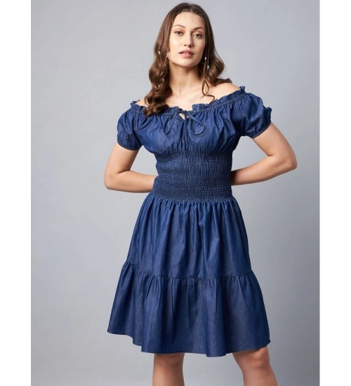 Women's Denim Solid Off-Shoulder Short Sleeve Dress (Blue)