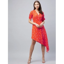 Women's Polyester Floral V-Neck Short Sleeve Dress (Orange)