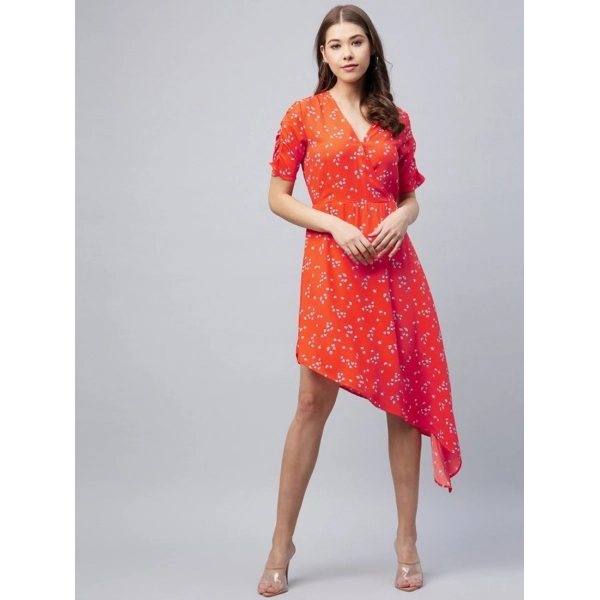 Dropship Women's Polyester Floral V-Neck Short Sleeve Dress (Orange)