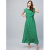 Dropship Women's Polyester Polka Close Neck Flutter Dress (Green)